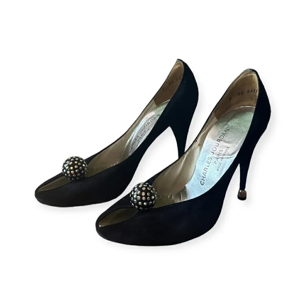 Vintage Charles Jourdan‎ Black Suede Heel with Rhinestone Ball. Size 7 2A